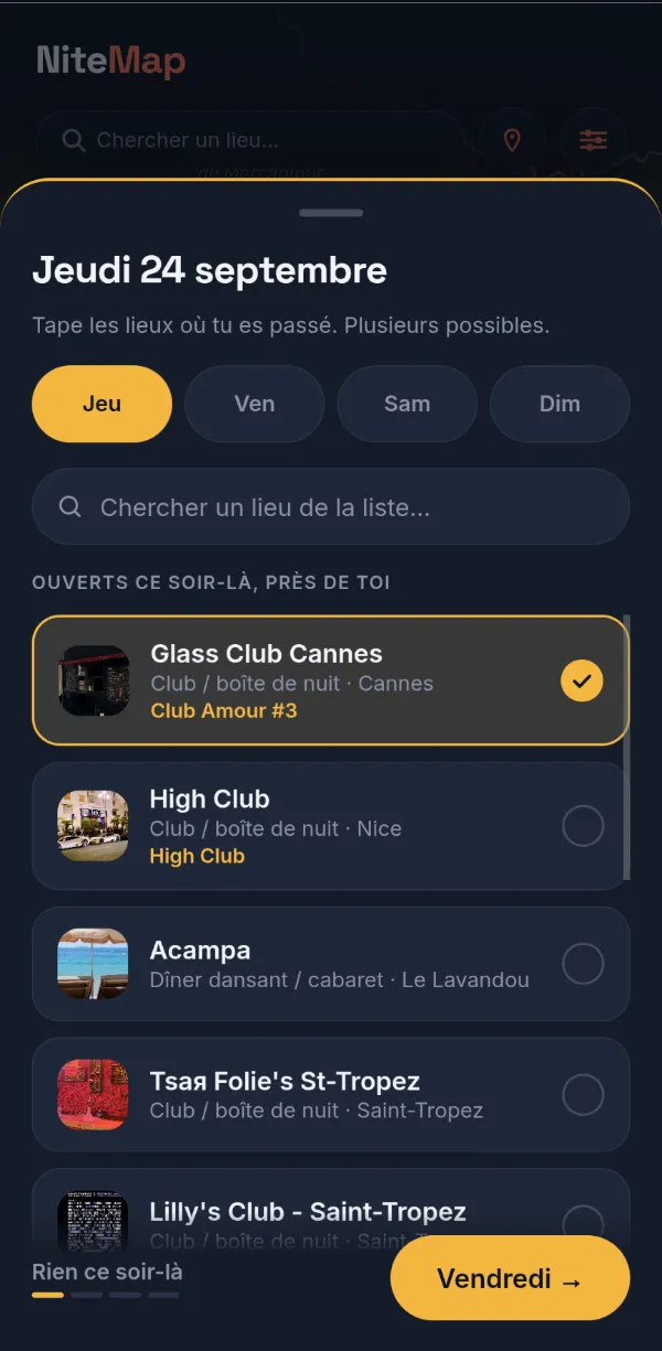 Écran « Tu étais où ce week-end ? » de NiteMap
